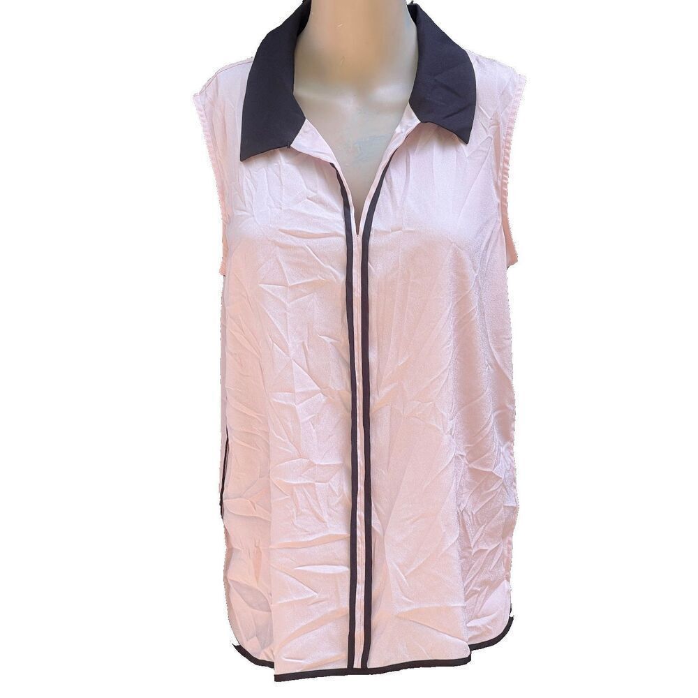 Karl Lagerfeld Paris Pink and Black Collared Sleeveless Silk Blouse